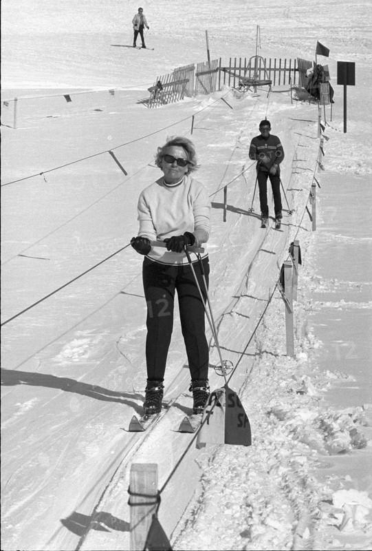Elderly woman at the skilift in St. Moritz, 1967.
