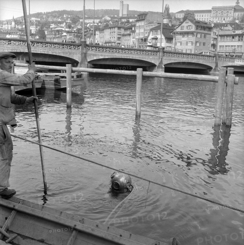 Zurich, diver in the Limmat river; 1959.