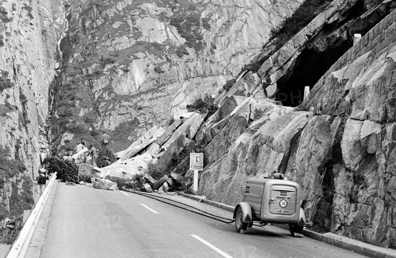 Blasting after rock slip, Gotthard pass road 1969.