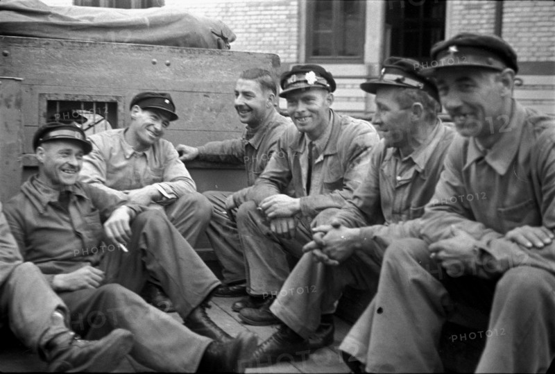 Hurlimann Brewery, drivers, workers having a break; 1941.
