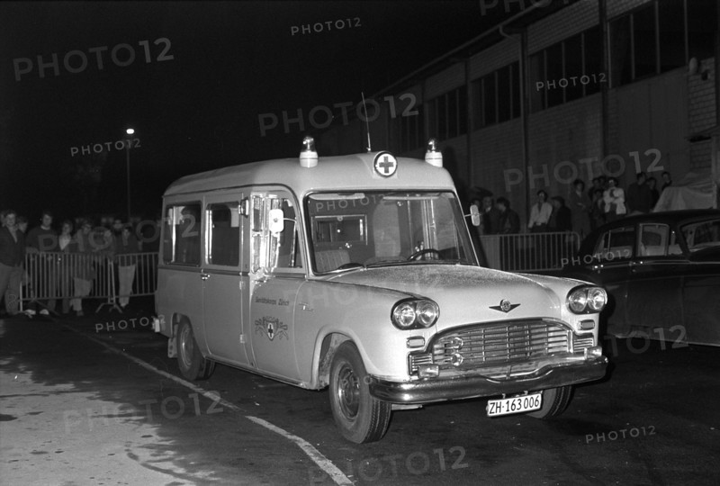 Ambulance in front of the Hallenstadion during monster concert 1968.
