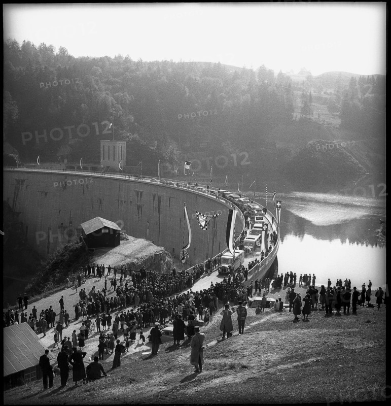Lake Gruyere, opening of the Rossens dam 1948.