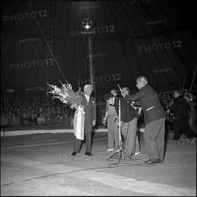Charles Chaplin with his double Charlot at Circus Knie, 1954.