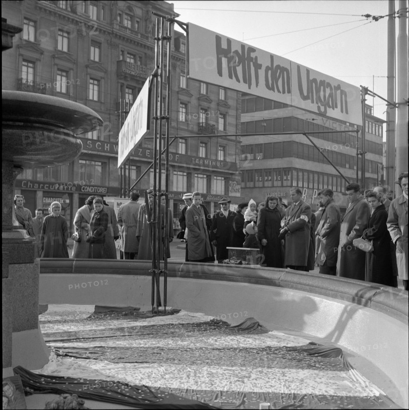 Money drive in fountain trough for help in Hungary, Zurich 1956.