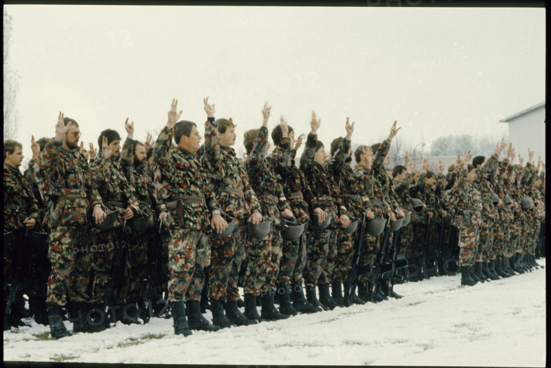 Swiss soldiers taiking the oath, Geneva 1985.
