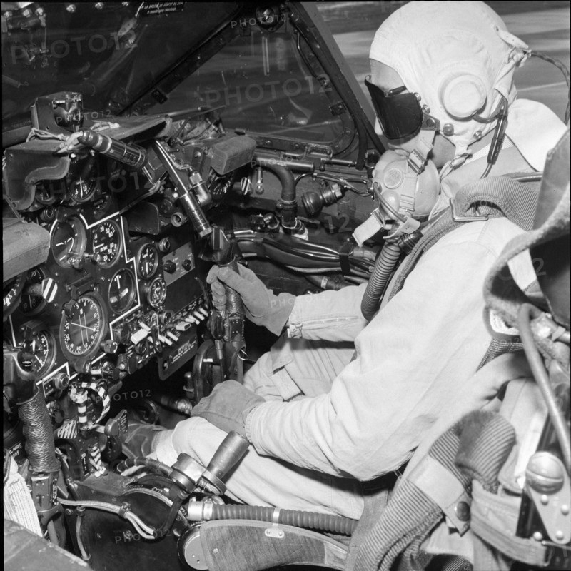 Military pilot in open cockpit, Dübendorf 1957