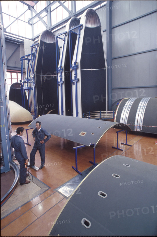 Assembling of casing, mantle for satellite in aircraft plant Emmen 1987