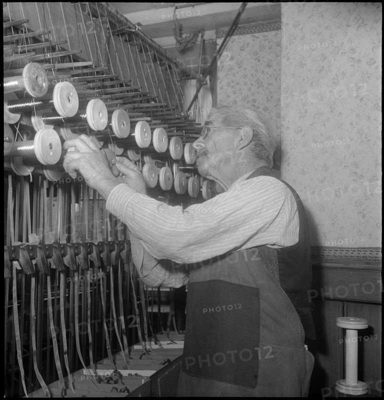 Silk ribbon weaver working, 1948