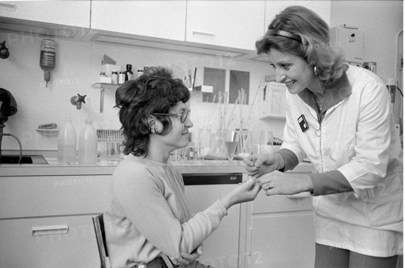 Blood sugar checkup, taking a blood sample in 1972