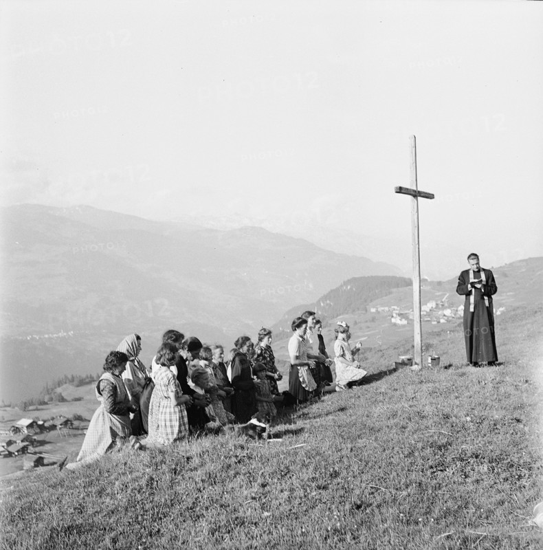 Blessing of the Alpine pastures in Obersaxen, circa 1950