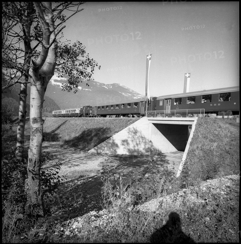 Train crossing Rhine bridge; 1958
