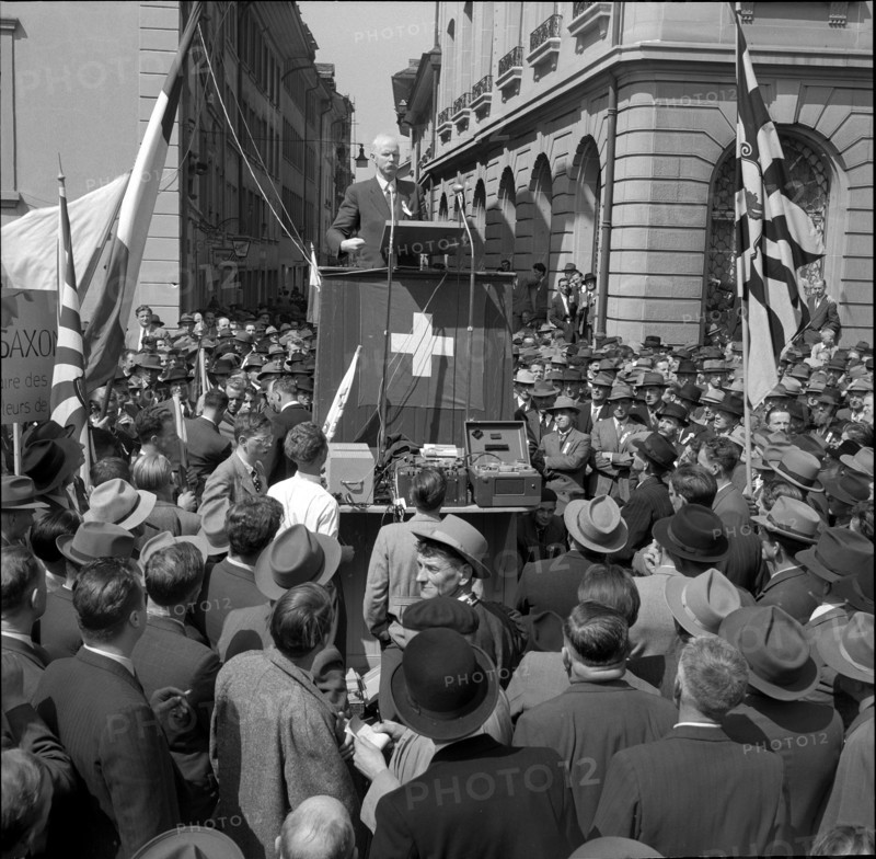 Farmers protest against milk price reduction; cut in milk price; 1954