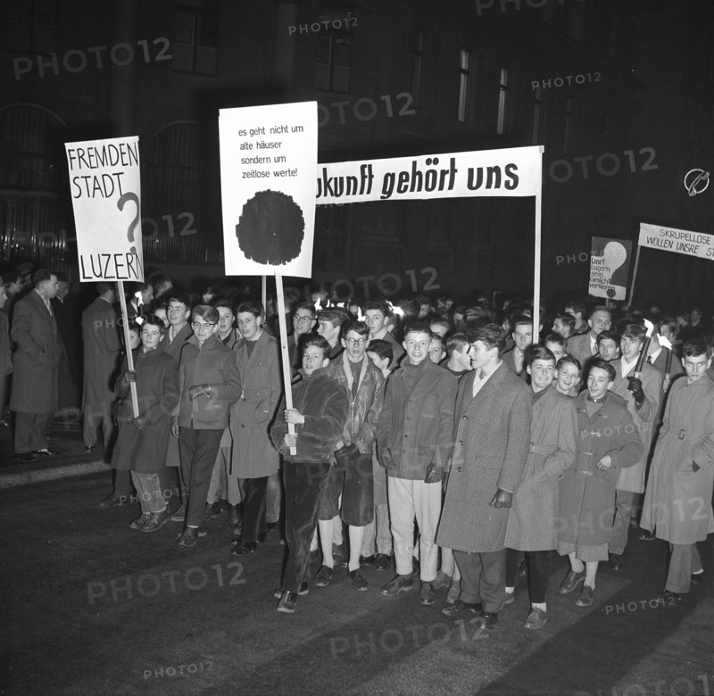 Young people protest against demolition of historic buildings; 1960