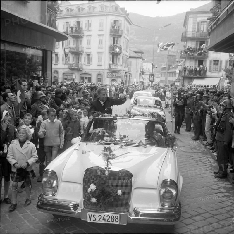 Roger Bonvin, newly elected federal councilor visiting Sion; 1962
