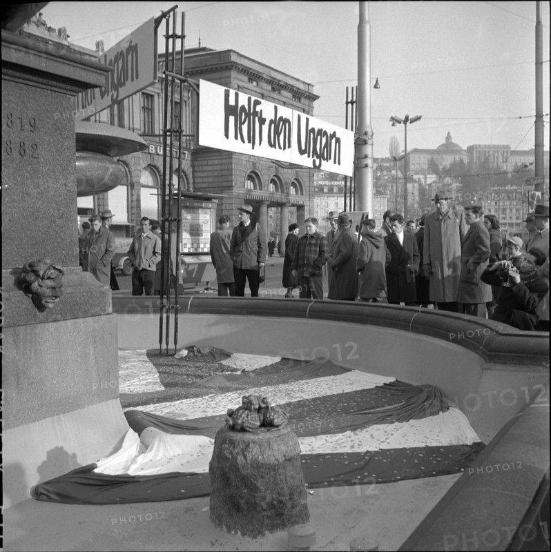 Money drive in fountain trough for help in Hungary, Zurich 1956