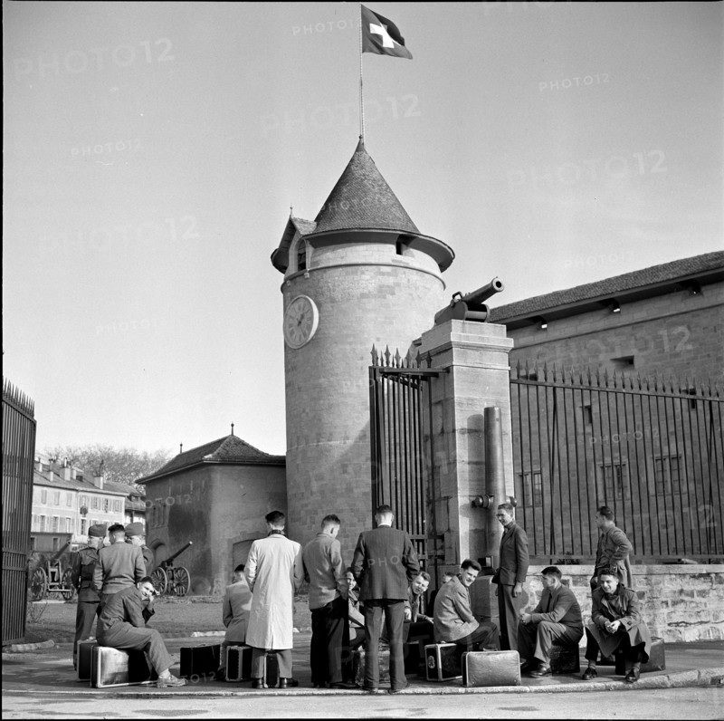 Recruits outside armory Morges 1955