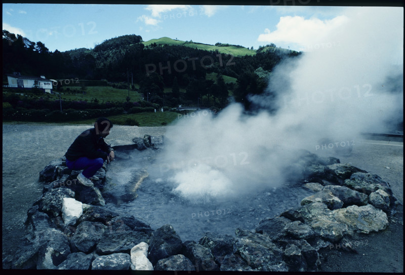 Man by volcanic spring, Geyser, Azores 1984