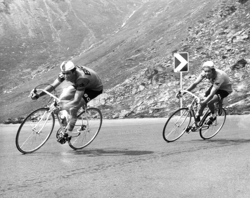 Tour de Suisse 1972: Dancelli and overall winner Pfenninger climbing the Nufenen pass