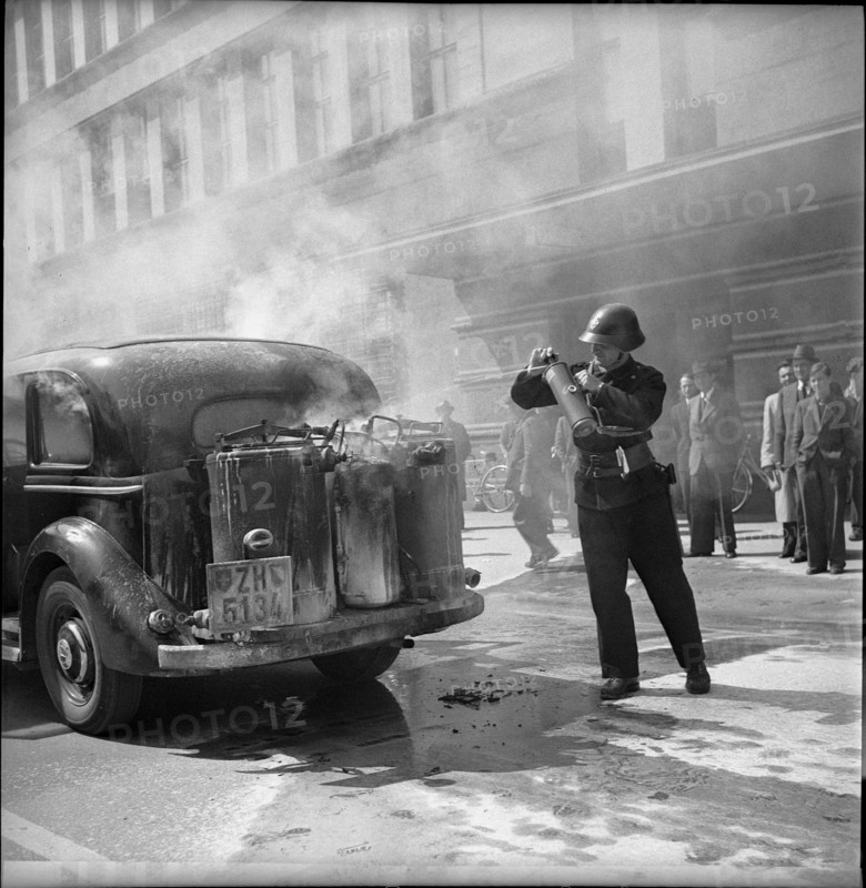 Carbide car after acetylene explosion in carburettor, Zurich 1943