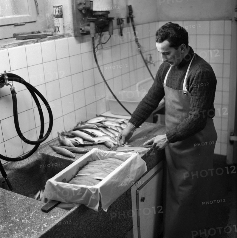 Preparing whitefish at the Lake Constance, 1957