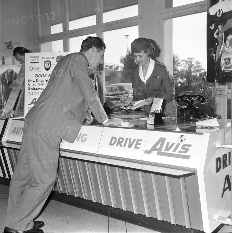 Avis car rental service: agency at Zurich-Kloten Airport 1961