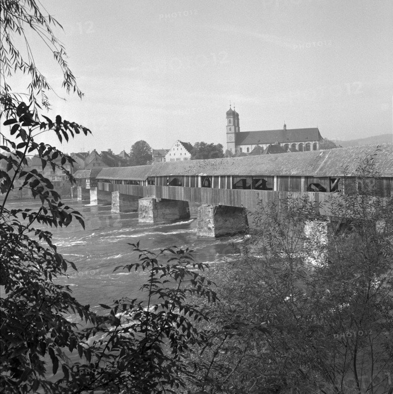 Roofed wooden bridge over the Rhine; 1953