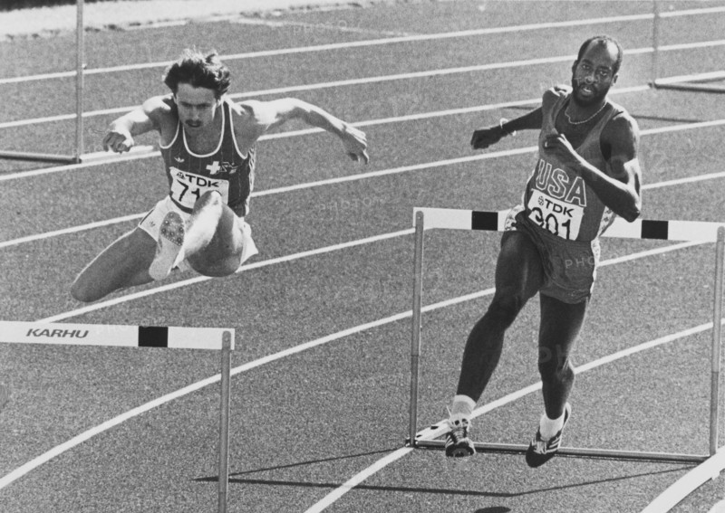 WC 1983 Helsinki, semifinals 400m hurdles: Franz, Meier, Edwin Moses