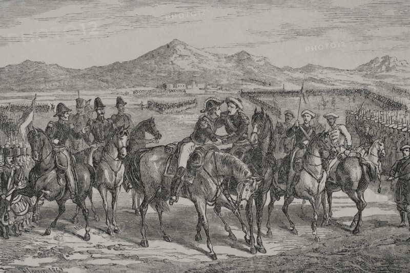 Rafael Maroto (1783-1847). Spanish military. He joined the troops of the pretender Carlos VI in the First Carlist War. Baldomero Espartero (1793-1879). Spanish military, general in chief of the Isabella II army. ""The Embrace of Vergara"" (August 31, 1839). Ceremony ending the First Carlist War held by Espartero (Isabelines) and Maroto (Carlists). Engraving. ""Espartero: su vida militar, politica, descriptiva y anecdotica"" (Espartero: his military, political, descriptive and anecdotal life). Volume I, 1879.