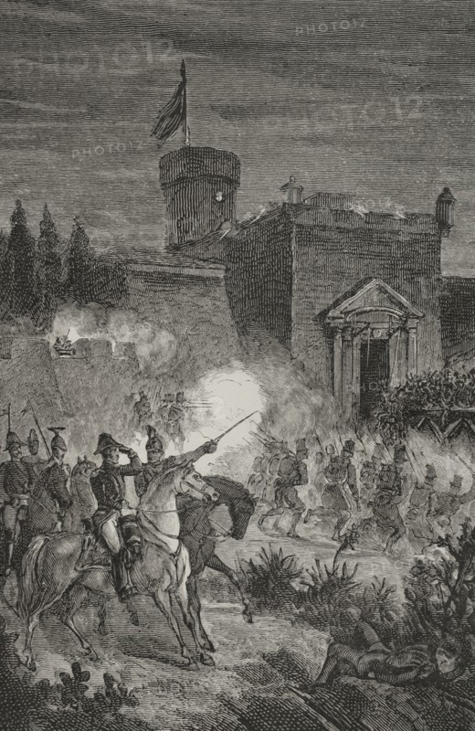 History of Spain. First Carlist War (1833-1840). Taking of Morella (18 to 30 May 1840). General Espartero during the final storming of the town to take prisoner all the Carlist soldiers led by General Ramon Cabrera. Sinking of the bridge on the night of 29 May 1840. Engraving by Gomez. ""Espartero: su vida militar, politica, descriptiva y anecdotica"" (Espartero: his military, political, descriptive and anecdotal life). Volume I, 1879.