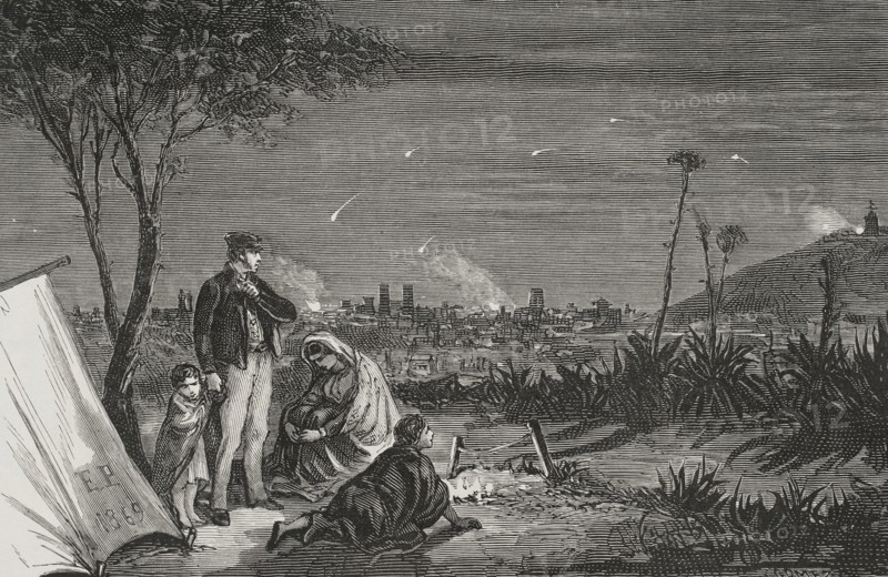 History of Spain. Revolution in Barcelona. Uprising against Espartero's policies. Bombardment of Barcelona on 3 December 1842, ordered by Espartero to suppress the rebellion that began on 13 November of the same year, which had forced the army to take refuge in the castle of Montjuic. Engraving of 1869 by Gomez. ""Espartero: su vida militar, politica, descriptiva y anecdotica"" (Espartero: his military, political, descriptive and anecdotal life). Volume II, 1879.