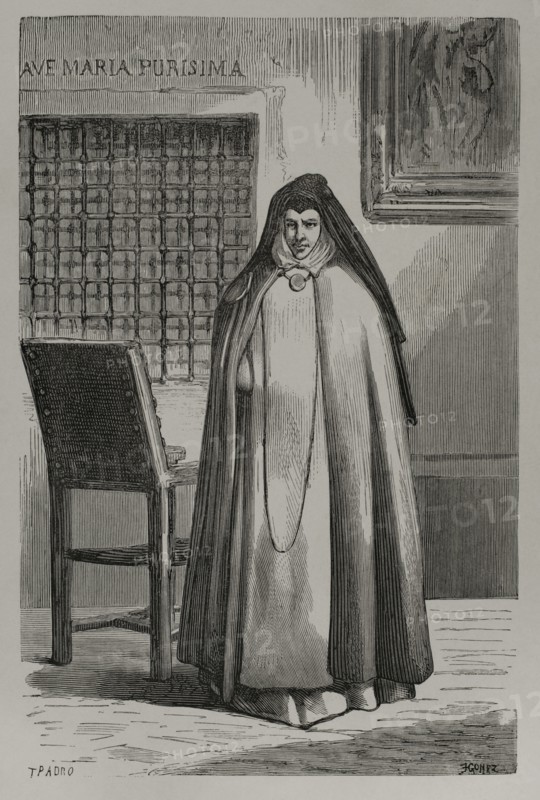 Sor Patrocinio, so-called also known as ""the nun of the wounds"" (1811-1891). Spanish nun of the Order of the Immaculate Conception. Portrait. Drawing by T. Padro. Engraving by Gomez. ""Espartero: su vida militar, politica, descriptiva y anecdotica"" (Espartero: his military, political, descriptive and anecdotal life). Volume II, 1879.