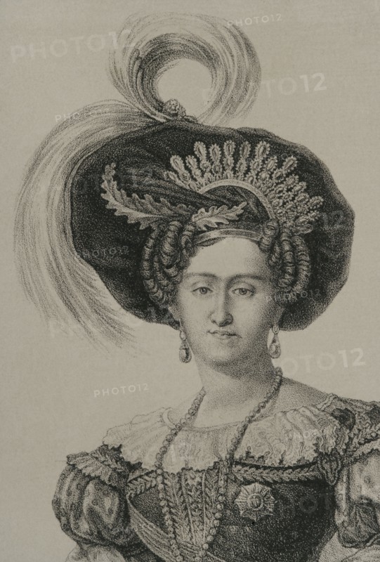 Maria Francisca of Braganza (1800-1834). Portuguese infanta of the House of Braganza. First wife of the Carlist pretender to the Spanish throne, Carlos Maria Isidro de Borbon (1788-1855). Portrait. Lithography. Detail. ""Historia de la guerra civil y de los partidos liberal y carlista"" (History of the Civil War and the Liberal and Carlist parties), by Antonio Pirala. Volume I. Madrid, 1868.