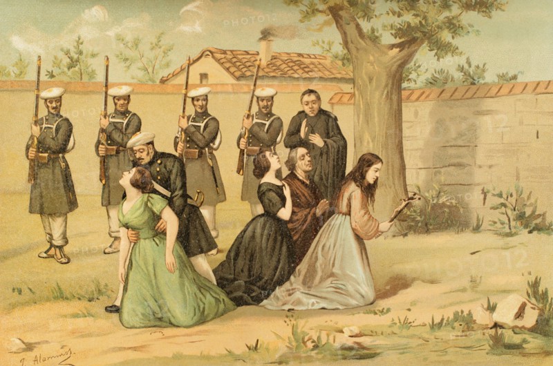 History of Spain. First Carlist War (1833-1840). By order of the Carlist general Ramon Cabrera, on 27 February 1836, the wife of Colonel Fontiveros (Maria Roque) and three other women, Cinta Foz, Francisca Urquizu and Mariana Guardia, were shot in an orchard in Valderrobres (province of Teruel, Aragon), merely because they belonged to liberal families. These executions, along with many others ordered by Cabrera, were in reprisal for the execution of his mother a few days earlier. Illustration by J. Alaminos. Chromolithography. ""Historia de la guerra civil y de los partidos liberal y carlista"" (History of the Civil War and the Liberal and Carlist parties), by Antonio Pirala. Volume II. Madrid, 1890.