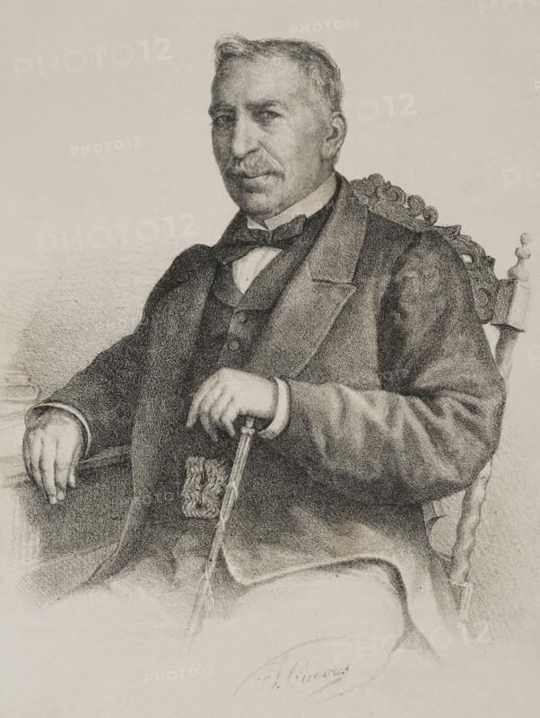 Juan Antonio Zaratiegui Celigueta (1804-1873). Spanish military officer. He fought on the Carlist side during the First Carlist War. Assistant to General Tomas de Zumalacarregui. He was imprisoned and went into exile in France in 1839. In 1849 he was pardoned. As lieutenant general, he was appointed director general of the Civil Guard (Guardia Civil) on 16 September 1868. Portrait. Drawing by Jose Cuevas. Lithography. ""Historia de la guerra civil y de los partidos liberal y carlista"" (History of the Civil War and the Liberal and Carlist parties), by Antonio Pirala. Volume IV. Madrid, 1869.