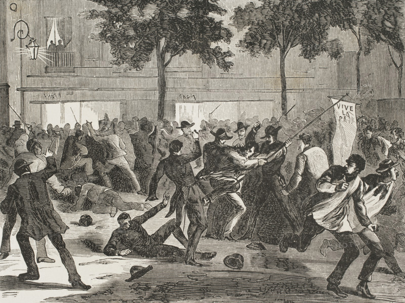 On 16 July 1870, the French parliament voted to declare war on Prussia. Anti-war demonstration in Paris, 16 July 1870. Engraving. ""Historia de la Guerra de Francia y Prusia"" (History of the War between France and Prussia). Volume I. Published in Barcelona, 1870.