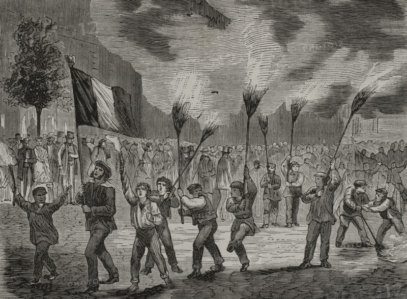 On 16 July 1870, the French parliament voted to declare war on Prussia. Pro-war demonstration in Paris, 16 July 1870. Engraving. ""Historia de la Guerra de Francia y Prusia"" (History of the War between France and Prussia). Volume I. Published in Barcelona, 1870.