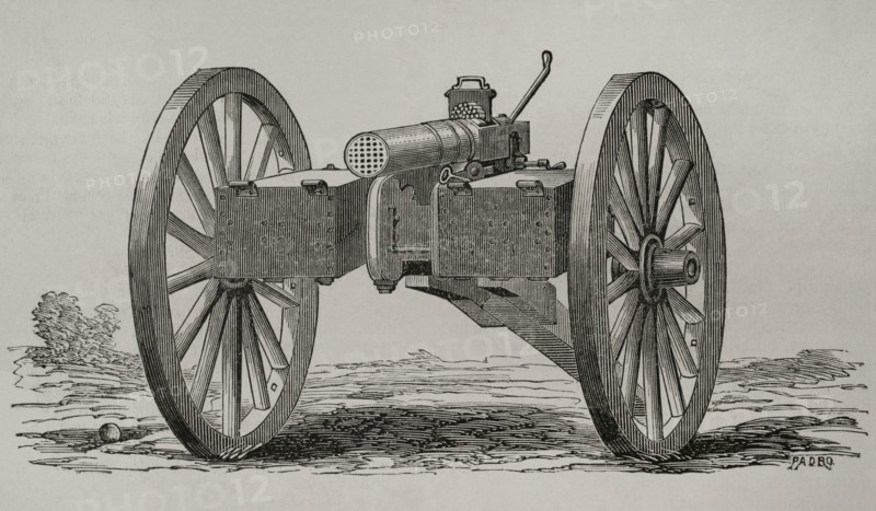 Christophe-Montigny Mitrailleuse. Hand-crank operated. It was developed by the Belgian arms factory of Joseph Montigny between 1859 and 1870. Two ammunition compartments for immediate use were mounted on both sides. Front view. Engraving. ""Historia de la Guerra de Francia y Prusia"" (History of the War between France and Prussia). Volume I. Published in Barcelona, 1870.