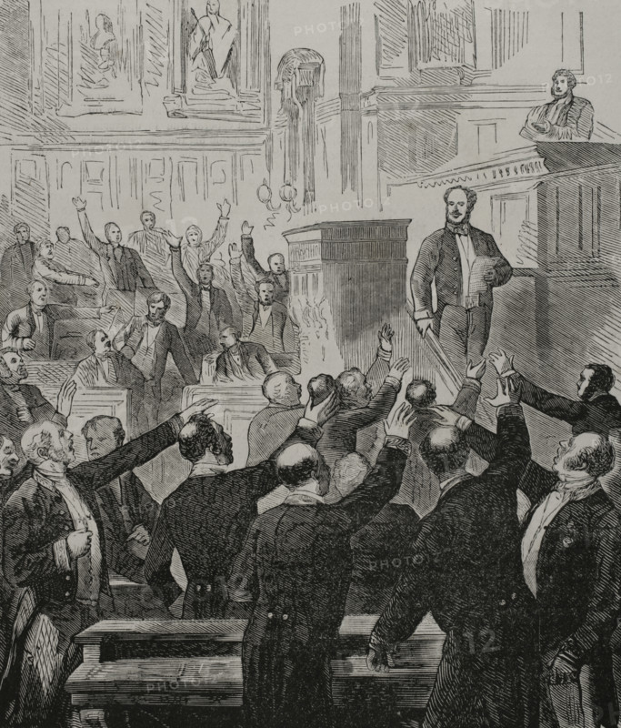 Franco-Prussian War (1870-1871). War declaration. Session of the French Senate of 15 July 1870. Engraving. ""Historia de la Guerra de Francia y Prusia"" (History of the War between France and Prussia). Volume I. Published in Barcelona, 1870.