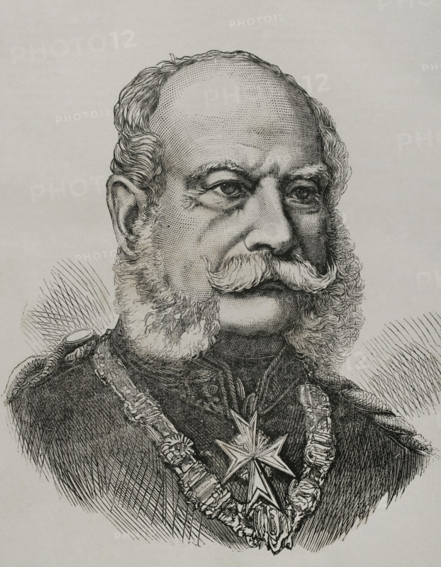 William I (1797-1888). King of Prussia (1861-1888) and Emperor of Germany (1871-1888). Portrait. Engraving. ""Historia de la Guerra de Francia y Prusia"" (History of the War between France and Prussia). Volume I. Published in Barcelona, 1870.