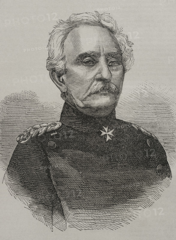 Karl Friedrich von Steinmetz (1796-1877). Prussian Generalfeldmarschall (general field marshal). Portrait. Engraving. ""Historia de la Guerra de Francia y Prusia"" (History of the War between France and Prussia). Volume I. Published in Barcelona, 1870.