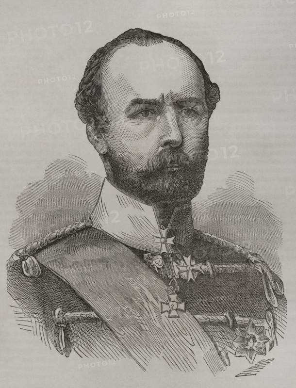 Friedrich Karl (1828-1885). Prince of Prussia of the House of Hohenzollern. Portrait. Engraving by Paris. ""Historia de la Guerra de Francia y Prusia"" (History of the War between France and Prussia). Volume I. Published in Barcelona, 1870.