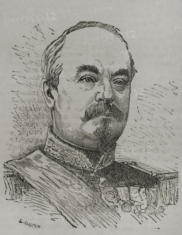 Francois Achille Bazaine (1811-1888). Marshal of France. He took part in the Algerian War, the Crimean War, the Second French Intervention in Mexico and the Franco-Prussian War. Portrait. Engraving. ""Historia de la Guerra de Francia y Prusia"" (History of the War between France and Prussia). Volume I. Published in Barcelona, 1870.