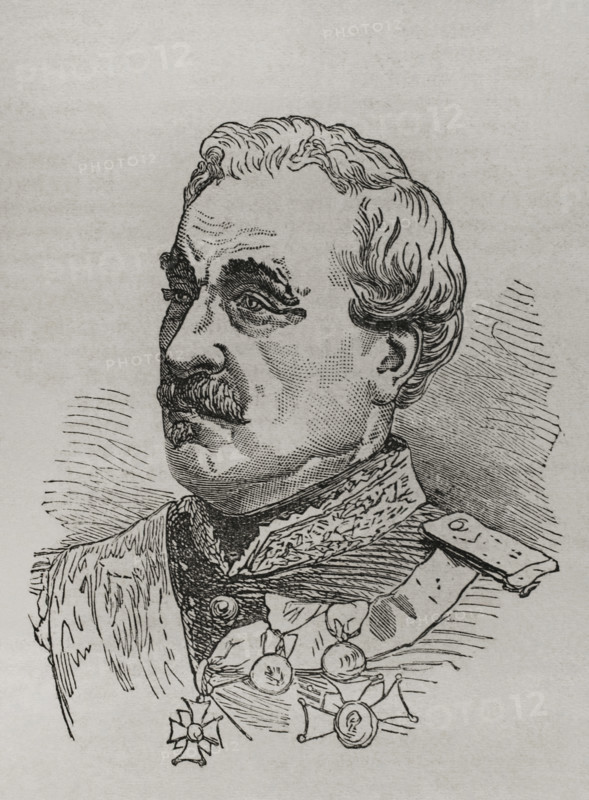 Charles Cousin-Montauban (1796-1878), 1st Count of Palikao. French general and statesman. Portrait. Engraving. ""Historia de la Guerra de Francia y Prusia"" (History of the War between France and Prussia). Volume I. Published in Barcelona, 1870.