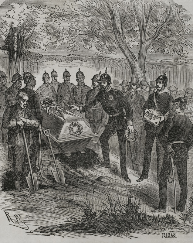 Franco-Prussian War (1870-1871). Burial of the French General Abel Douay (1809-1870) by Prussian troops in Sarreguemines on 7 August 1870. Engraving by Ribas. ""Historia de la Guerra de Francia y Prusia"" (History of the War between France and Prussia). Volume I. Published in Barcelona, 1870.