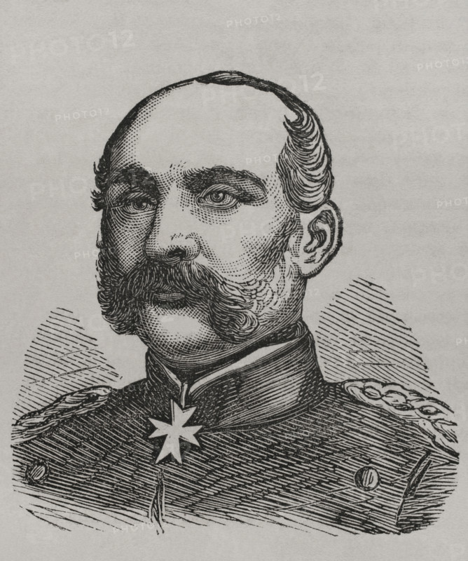 Hugo von Kirchbach (Hugo Ewald Graf von Kirchbach) (1809-1887). Prussian general who led the Prussian V Corps during the Franco-Prussian War. Portrait. Engraving. ""Historia de la Guerra de Francia y Prusia"" (History of the War between France and Prussia). Volume I. Published in Barcelona, 1870.