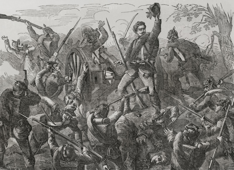 Franco-Prussian War (1870-1871). Battle of Worth, 6 August 1870. Prussian troops commanded by Crown Prince Frederick William, and led by General Leonhard Graf von Blumenthal (1810-1900), defeated the French under Marshal MacMahon (1808-1893) near the village of Woerth in Alsace. Capture of a French mitrailleuse by a company of the 2nd Hessian Infantry Regiment, Nr. 82, XI Prussian Army Corps. Illustration based on a sketch of a wounded officer. Engraving by Capuz. ""Historia de la Guerra de Francia y Prusia"" (History of the War between France and Prussia). Volume I. Published in Barcelona, 1870.