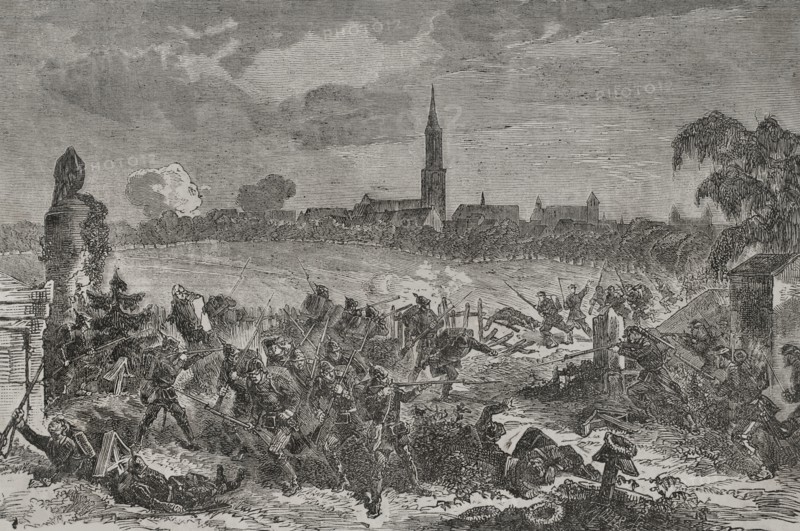 Franco-Prussian War (1870-1871). Siege of Strasbourg (15 August-28 September 1870). Combat between the French garrison of Strasbourg and the Prussian troops encamped at the Sainte-Helene Cemetery. Engraving. ""Historia de la Guerra de Francia y Prusia"" (History of the War between France and Prussia). Volume I. Published in Barcelona, 1870.