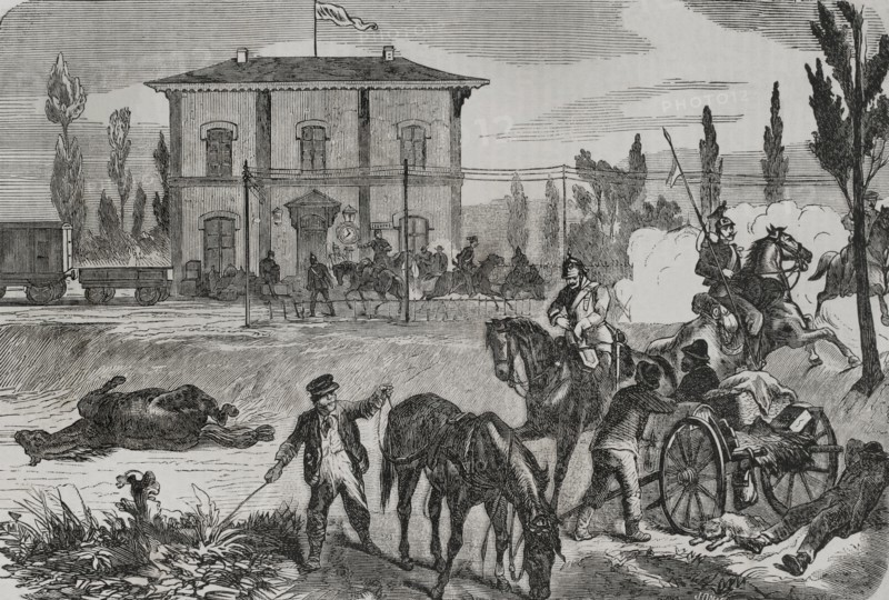 Franco-Prussian War (1870-1871). The Germans at Courcelles, according to a sketch by O. Fikentscher. Engraving. ""Historia de la Guerra de Francia y Prusia"" (History of the War between France and Prussia). Volume I. Published in Barcelona, 1870.