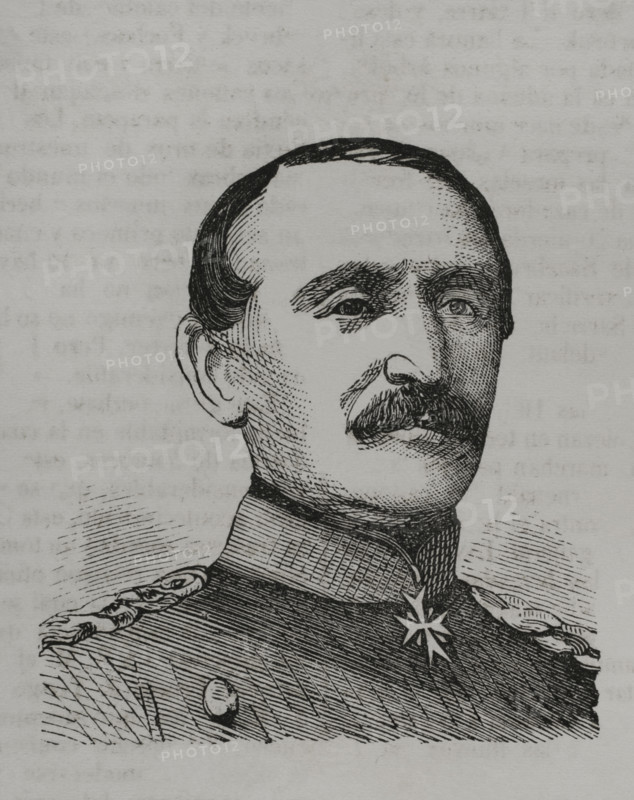 Constantin von Alvensleben (Reimar Constantin von Alvensleben) (1809-1892). Prussian general who led the Prussian III Corps during the Franco-Prussian War. Portrait. Engraving. ""Historia de la Guerra de Francia y Prusia"" (History of the War between France and Prussia). Volume I. Published in Barcelona, 1870.