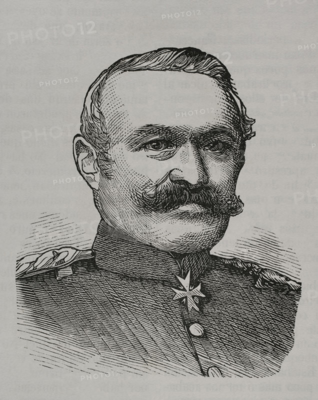 Julius von Bose (Friedrich Julius Wilhelm Graf von Bose) (1809-1894). Prussian general who led the Prussian XI Corps during the Franco-Prussian War. Portrait. Engraving. ""Historia de la Guerra de Francia y Prusia"" (History of the War between France and Prussia). Volume I. Published in Barcelona, 1870.